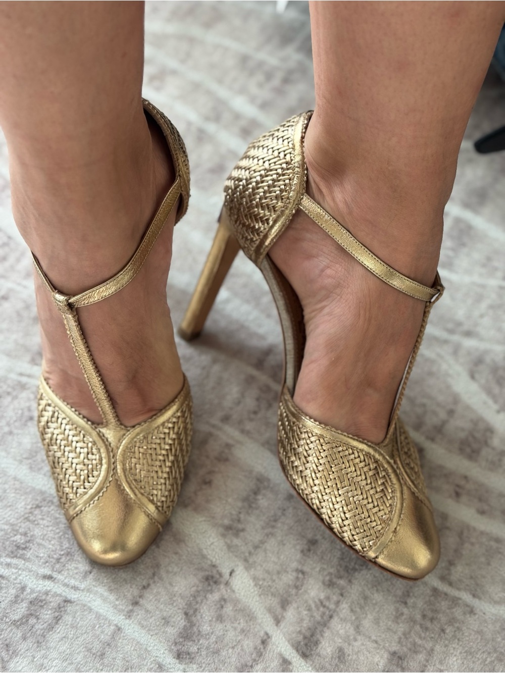 Salvatore Ferragamo Metallic Gold Woven T-Strap High Heels